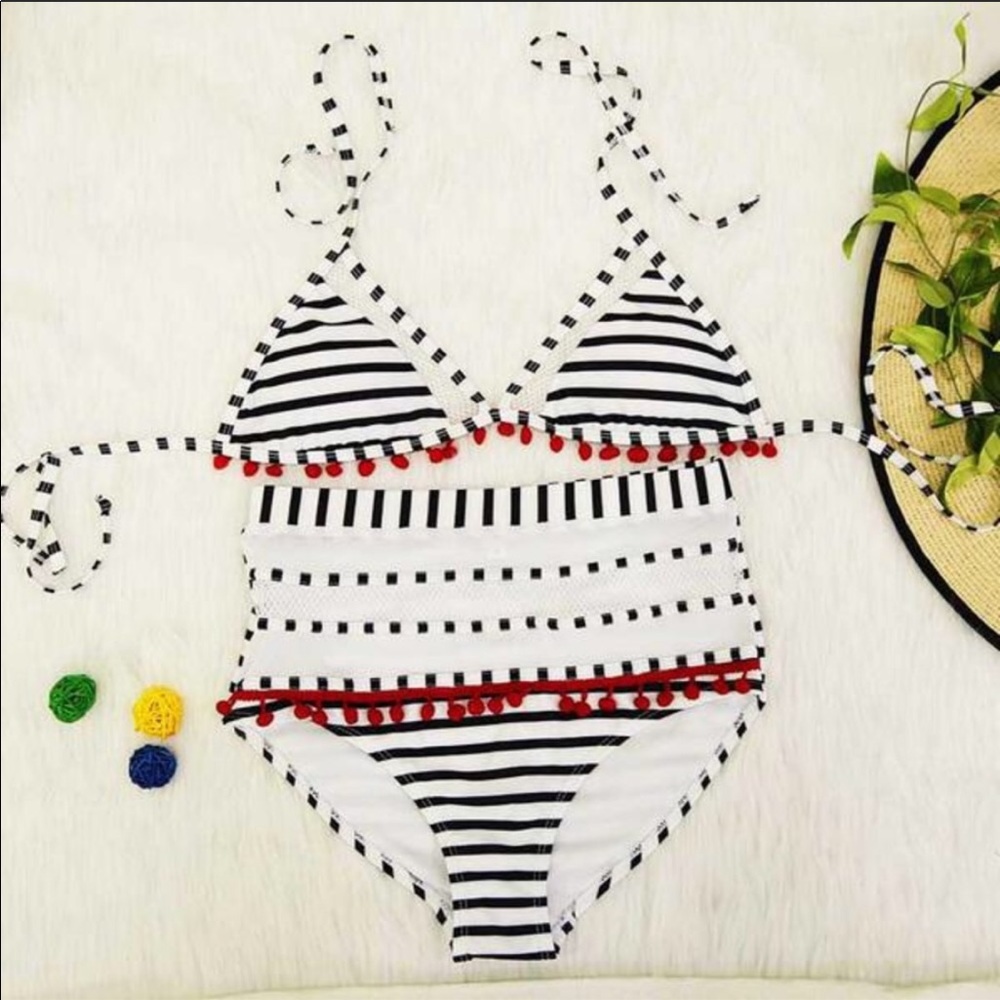 Black and white striped high rise swimsuit